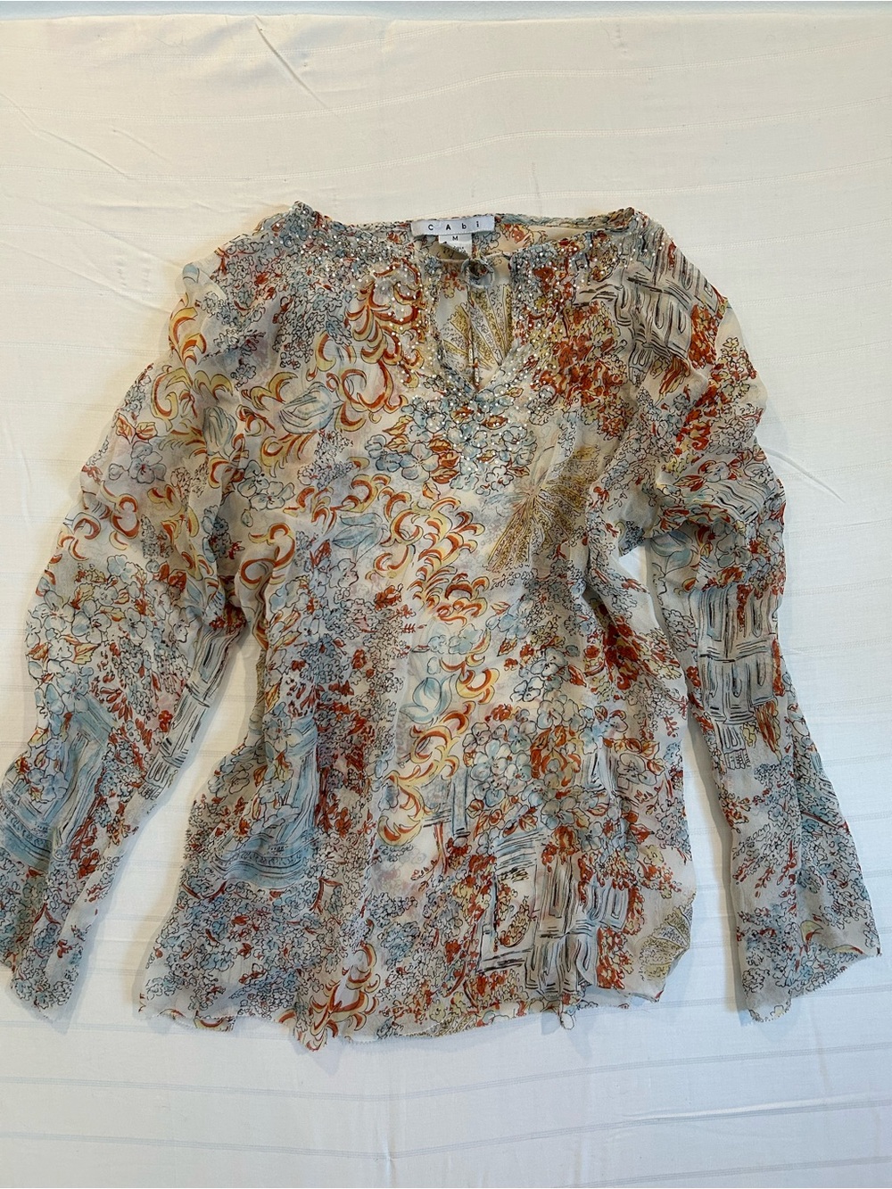 CABi Sheer Floral Print Blouse in Cream with Rust & Blue Accents Beaded Neckline